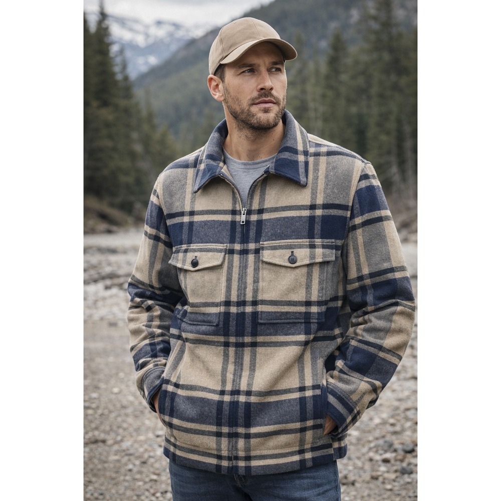 H&M Mens Blue Tan Plaid Wool Blend Zip Up‎ Shirt Jacket Shacket Large Chore